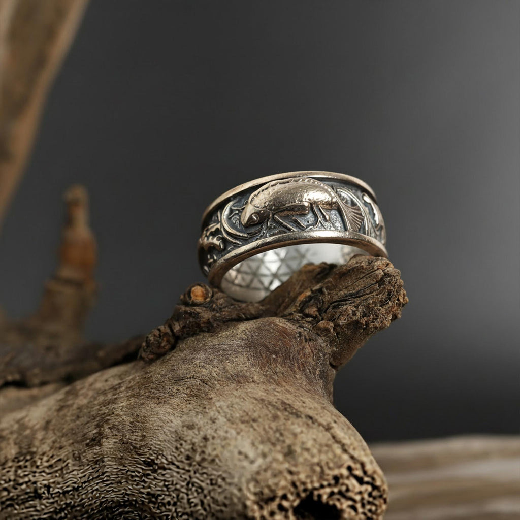 Gold Plated Dragon Koi Carp Band Ring: Japanese Symbolic Statement Jewelry, Fish Band Ring