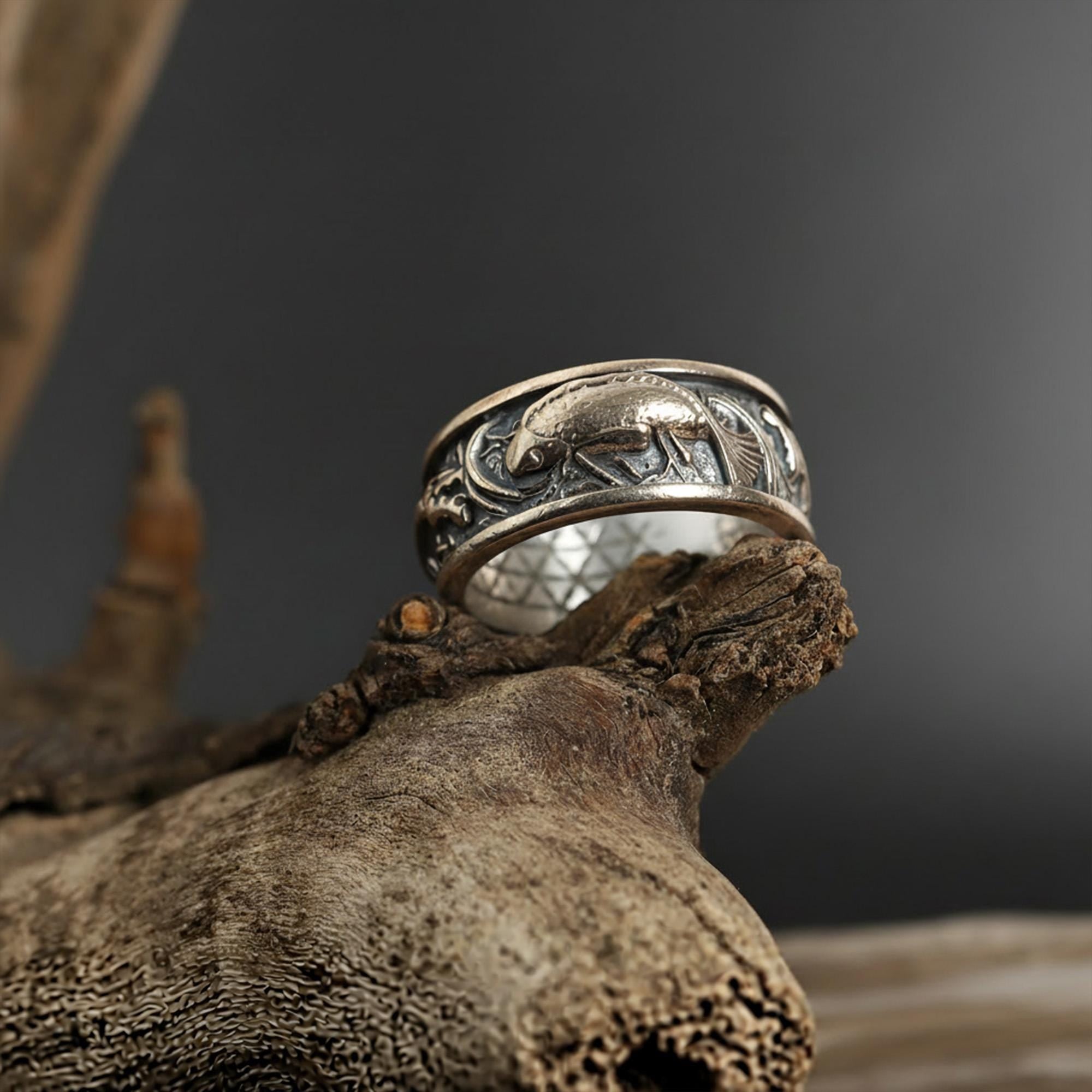 Carp Koi Fish and Dragon Ring: 925K Sterling silver Handmade Men's Fantasy Band Ring
