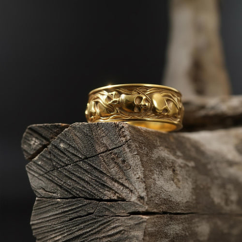 14K Solid Gold Skull Band Ring: Gothic Smoke Statement Jewelry