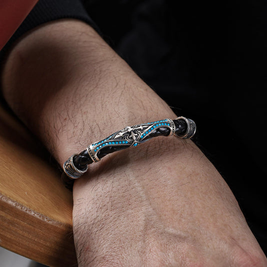 Men's Turquoise Leather Bracelet: Sterling Silver Boho Jewelry