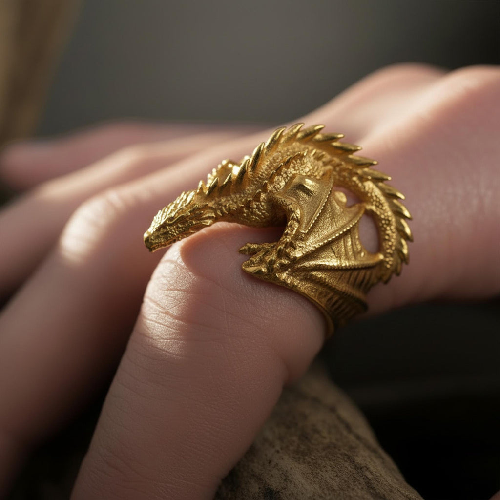Gold Dragon Wrap Ring: Detailed Fantasy Mythology Statement Jewelry