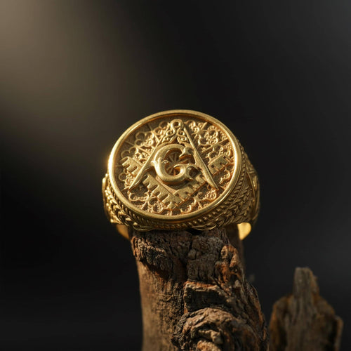 14K Solid Gold Masonic Signet Ring: Square Compass Freemason Emblem Jewelry