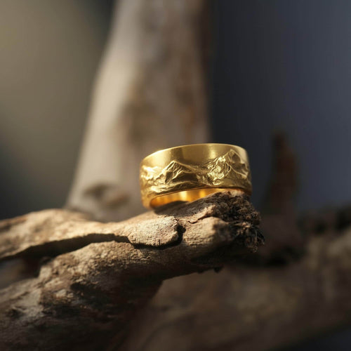 14K Solid Gold Mountain Range Ring: Engraved Nature Wedding Band for Men