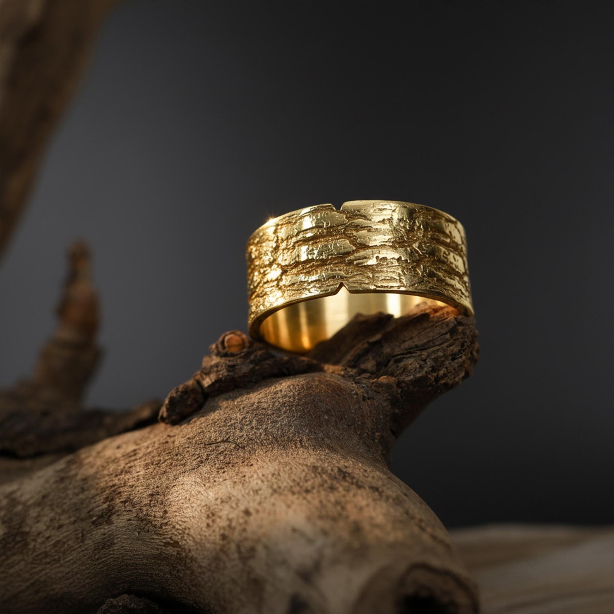 14K Solid Gold Textured Wide Band Ring: Handmade Bold Statement Wedding Band