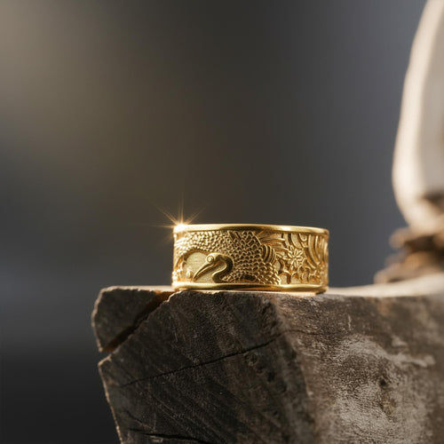14K Solid Gold Shadoof Band Ring: Ancient Egyptian Stork Bird