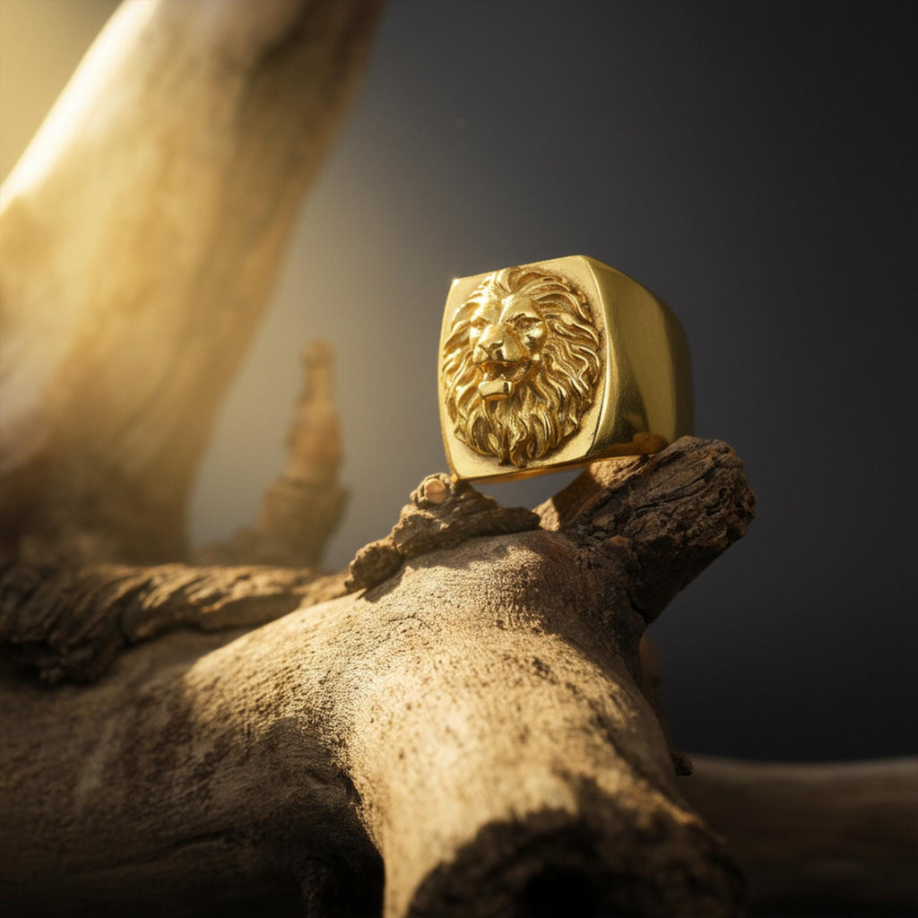 May include: A gold-colored lion ring with a detailed lion's head design. The ring is square-shaped and sits on a piece of wood. The background is dark, with a soft light illuminating the ring.