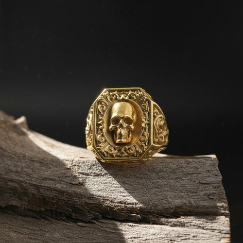 14K Solid Gold Skull Ring: Vintage Signet Rococo Men's Statement Jewelry