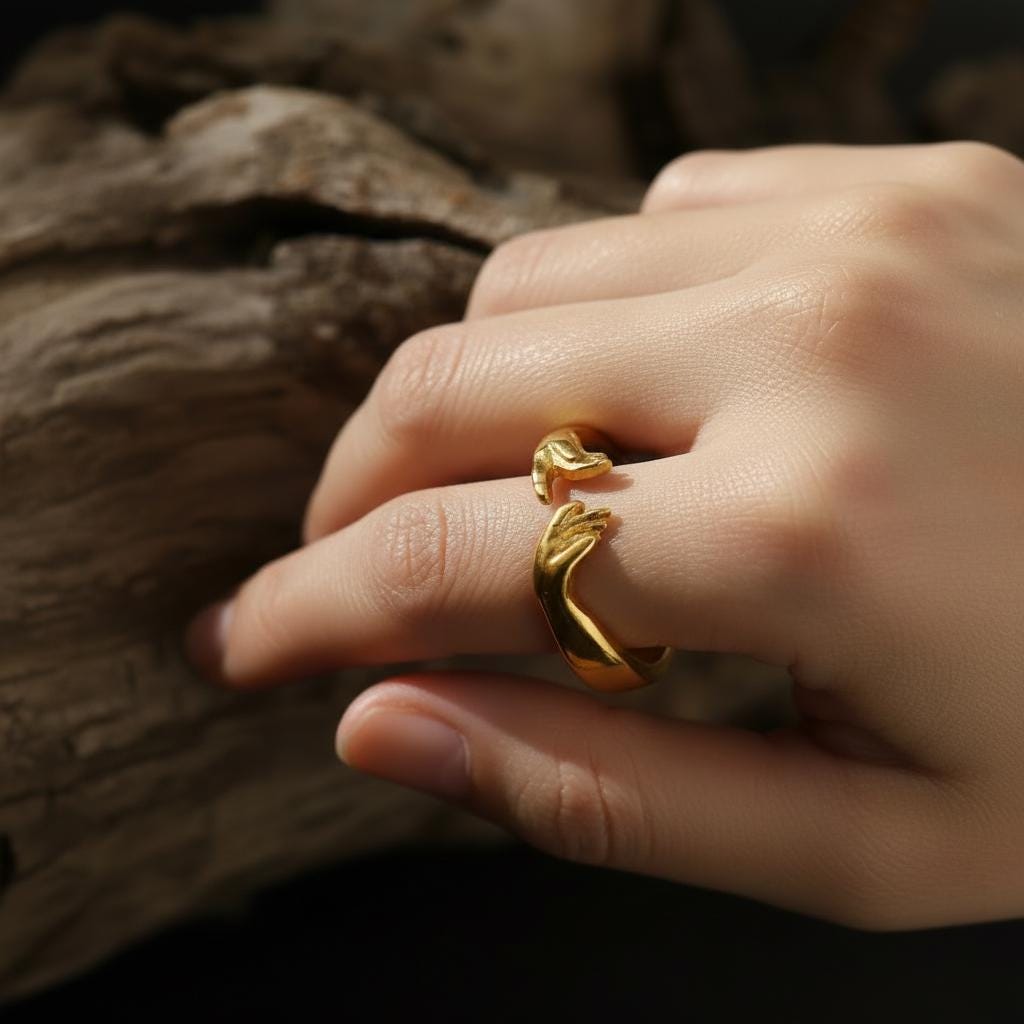 14K Solid Gold Hands Ring: Adjustable Creation of Adam Jewelry