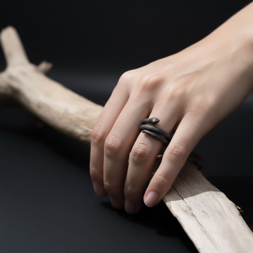 Twisted snake ring, 925 sterling silver gothic serpent band, handmade reptile jewelry, and bold statement piece designed for those who are drawn to mystery, transformation, and powerful symbolism. This striking ring features a detailed serpent form wrapping around the band, creating a look that feels fluid, intense, and visually captivating. It is not just a ring — it is a statement piece that blends gothic aesthetics, animal symbolism, and moder
