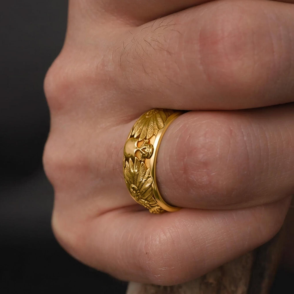 14K Solid Gold Raven Skull Ring: Gothic Viking Men's Band Jewelry