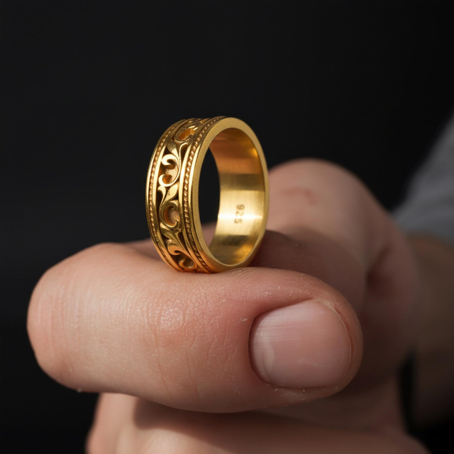 Men's Victorian Floral Band Ring, Engraved Wedding Band, Medieval Filigree Jewelry