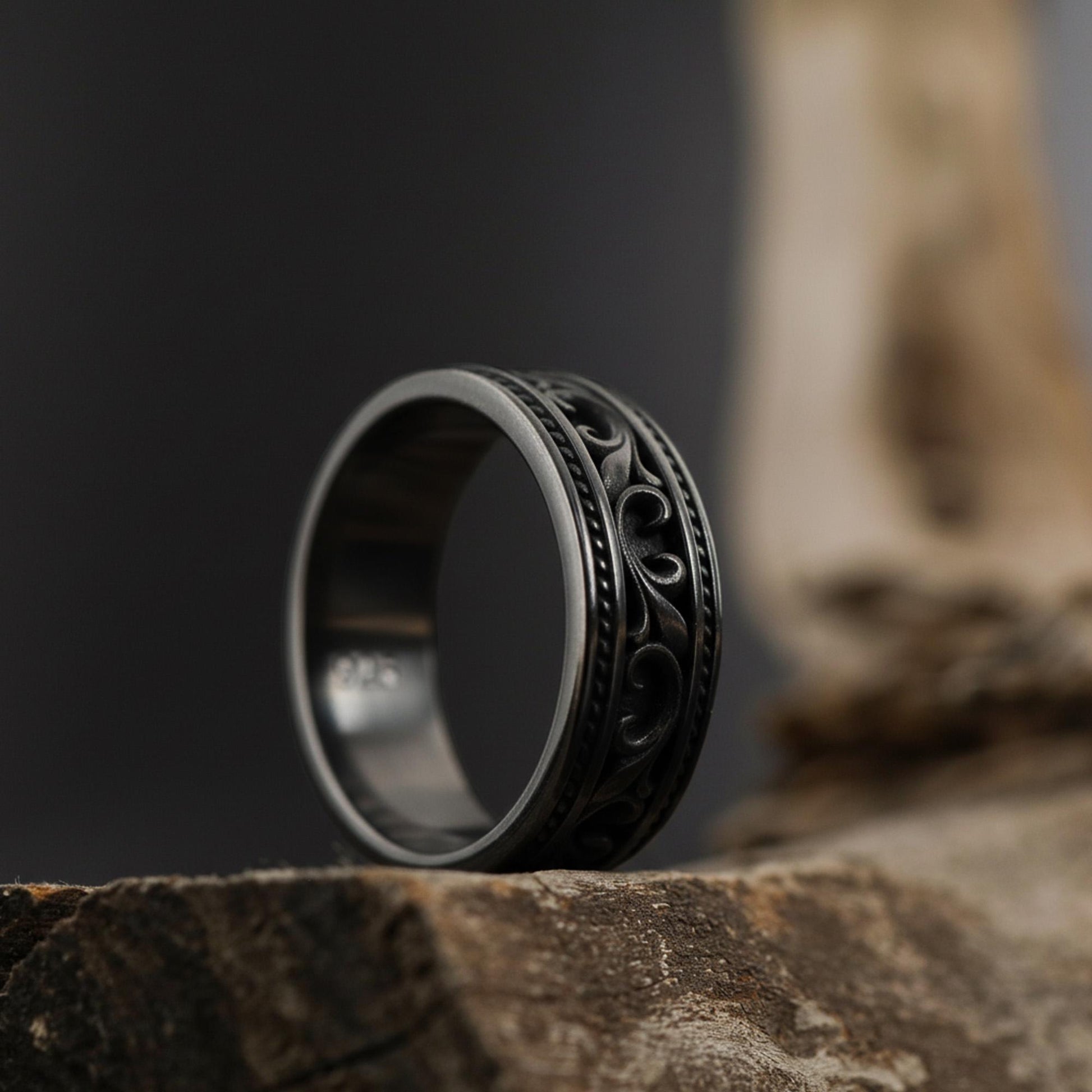 Men's Victorian Floral Band Ring, Engraved Wedding Band, Medieval Filigree Jewelry