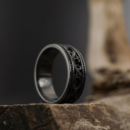 Men's Victorian Floral Band Ring, Engraved Wedding Band, Medieval Filigree Jewelry