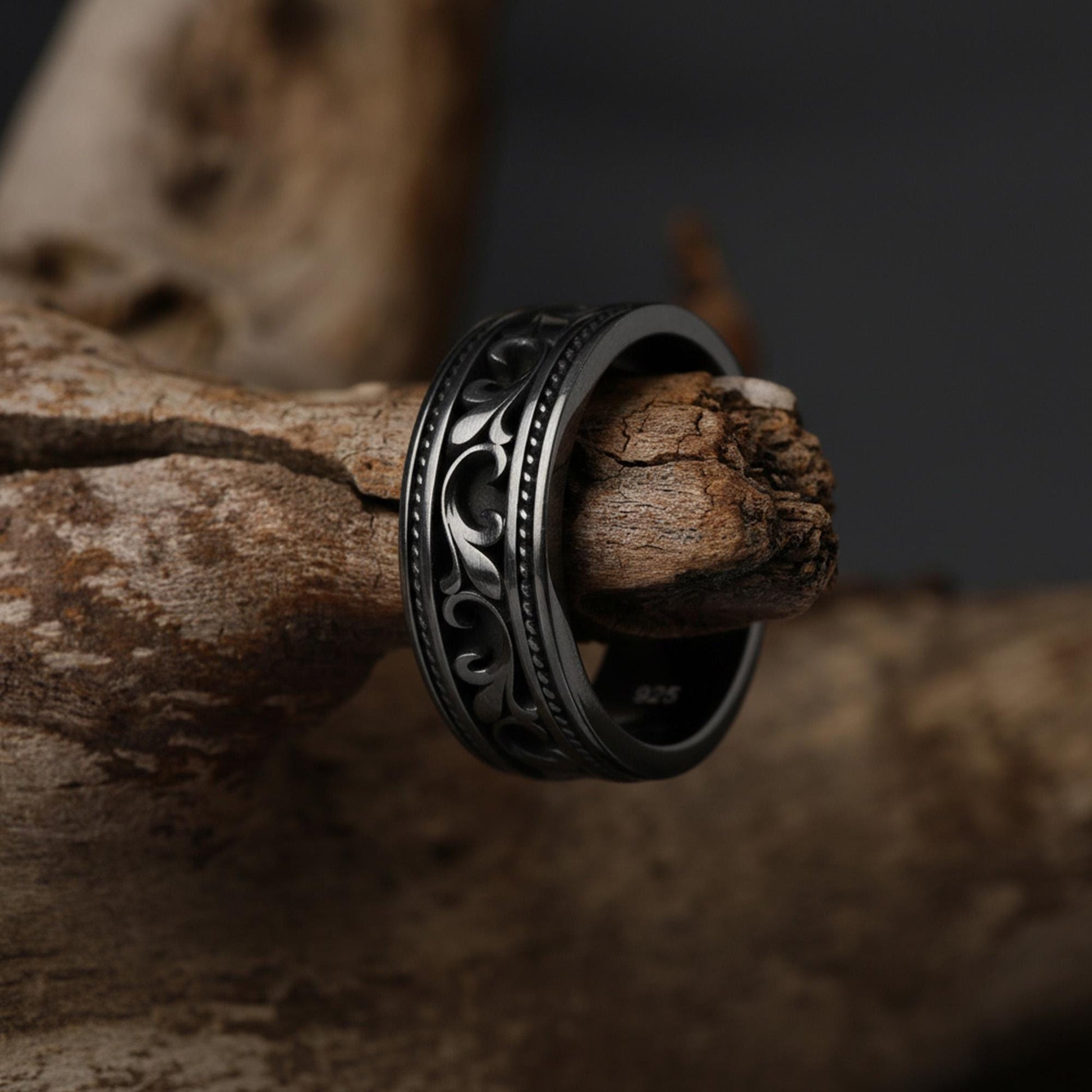 Men's Victorian Floral Band Ring, Engraved Wedding Band, Medieval Filigree Jewelry