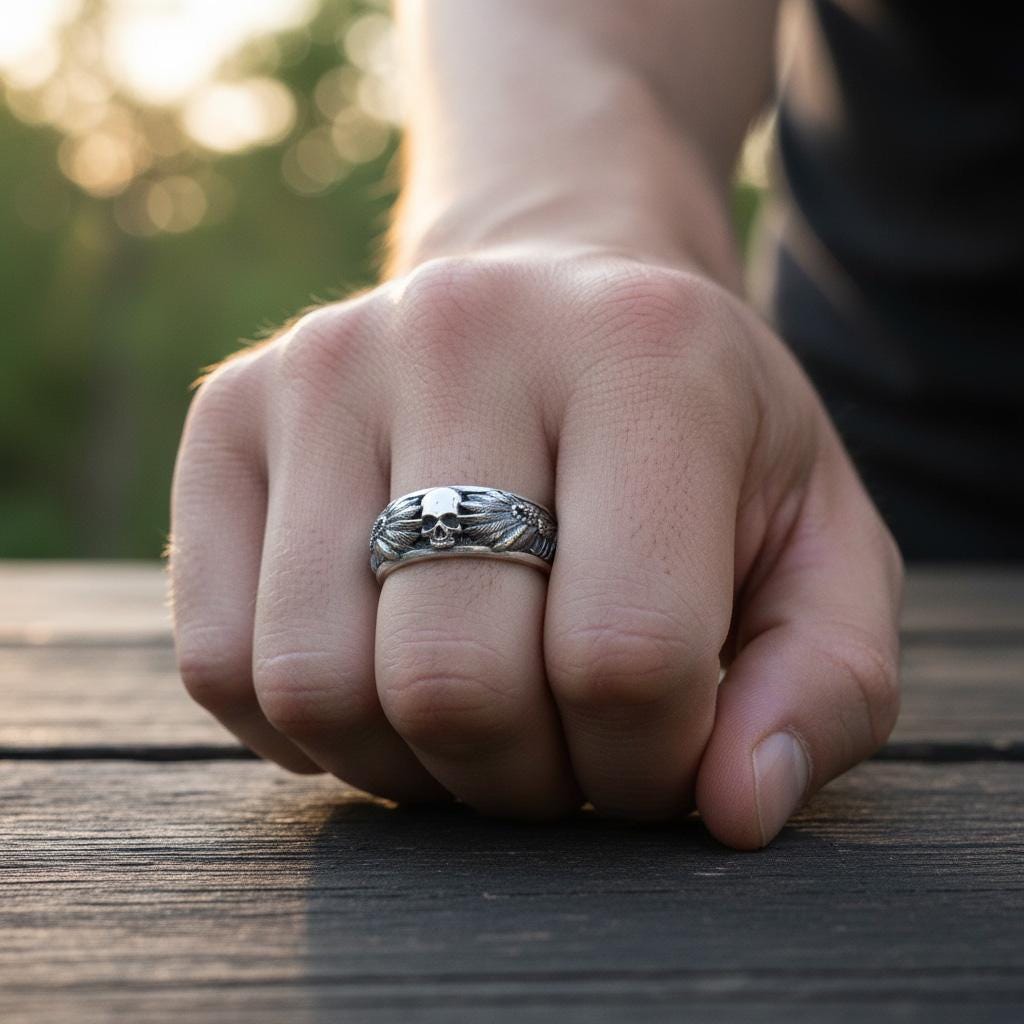 Handmade Raven Skull Ring: 925 Sterling Silver Gothic Mens Band, Viking Style Jewelry