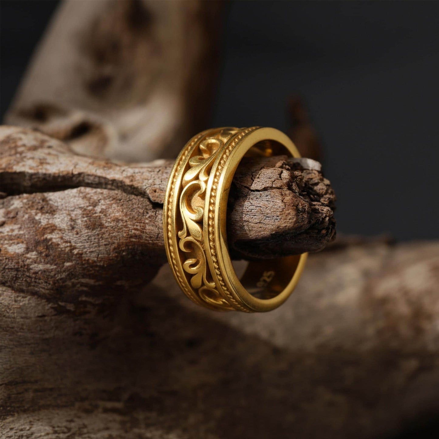 Men's Victorian Floral Band Ring, Engraved Wedding Band, Medieval Filigree Jewelry