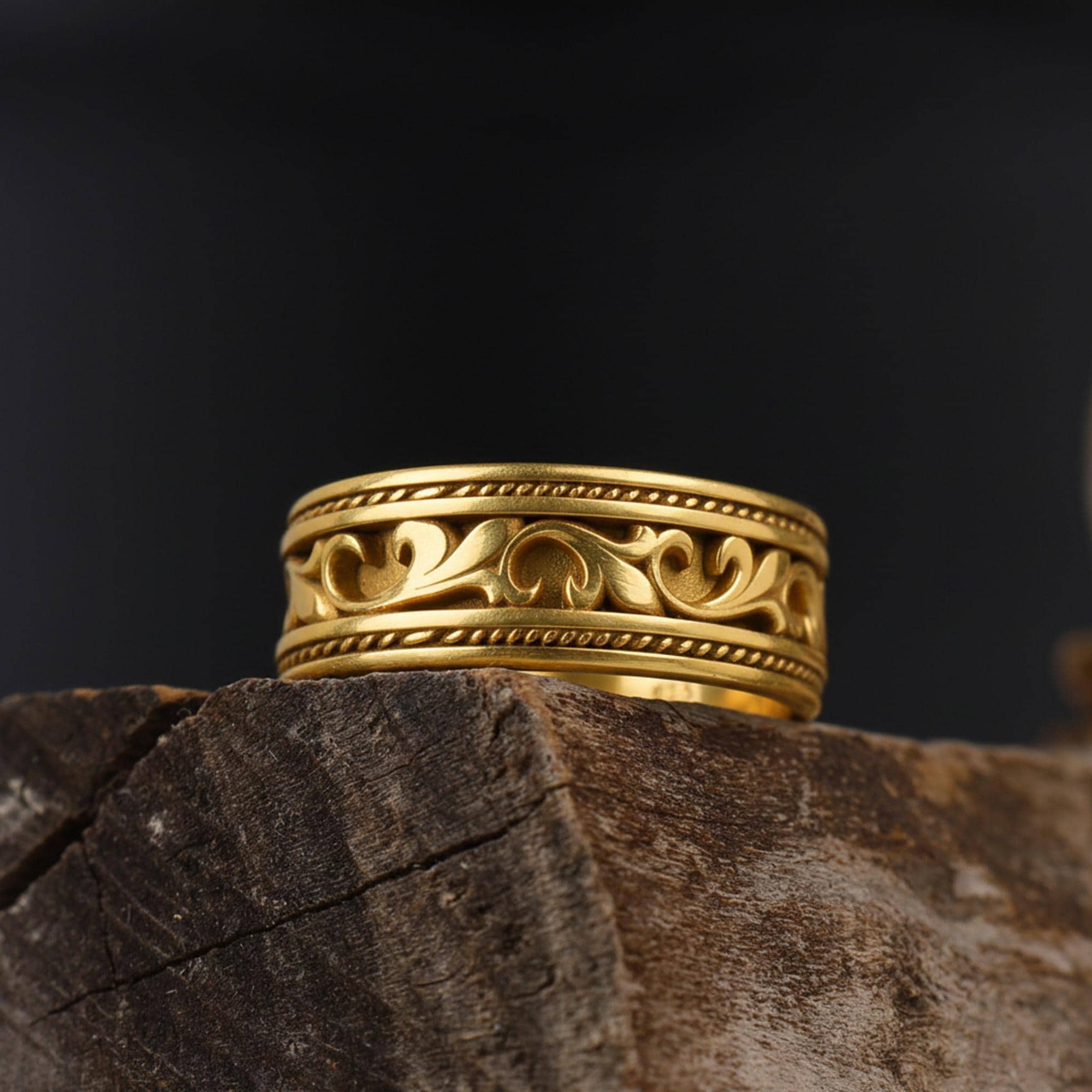 Men's Victorian Floral Band Ring, Engraved Wedding Band, Medieval Filigree Jewelry