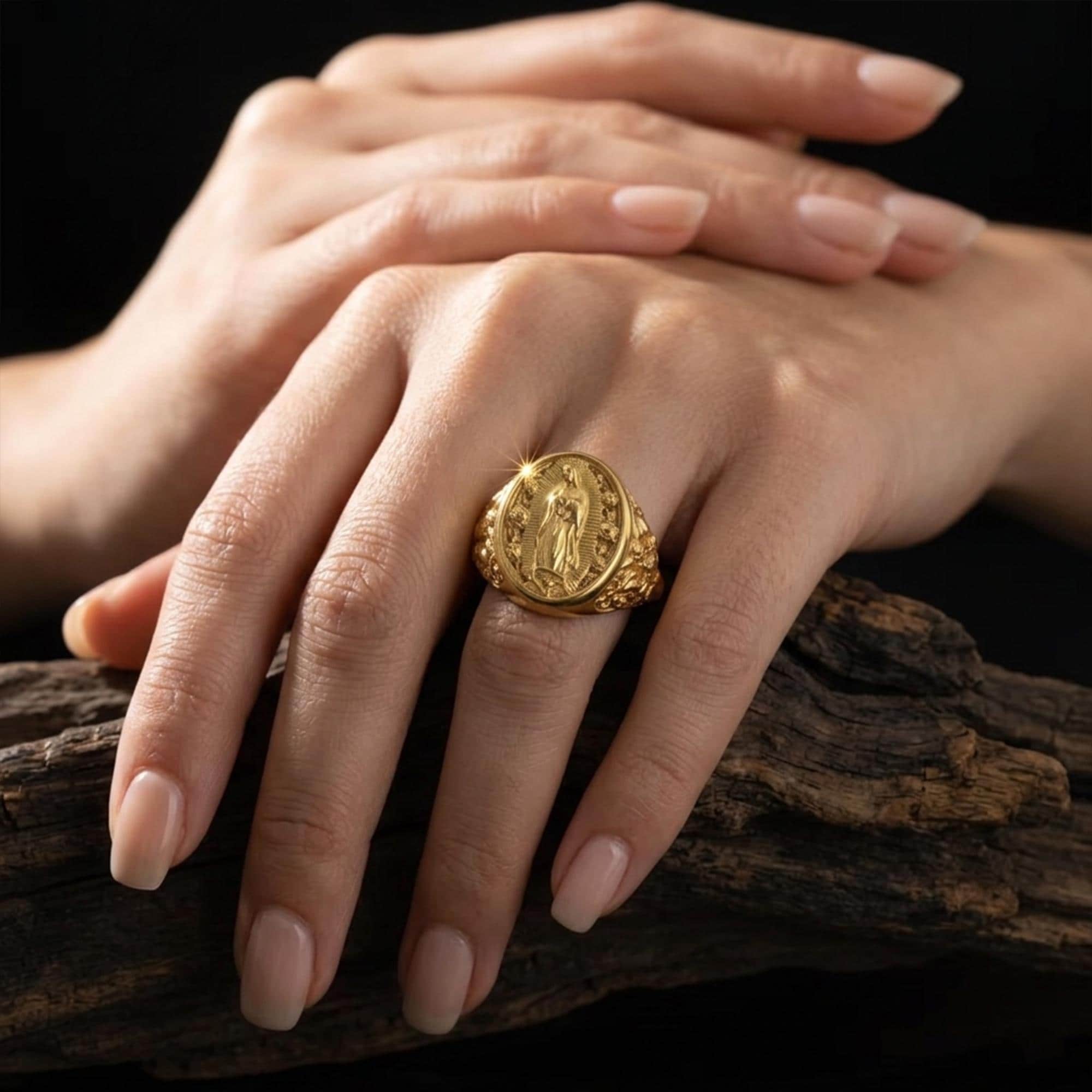 Gold Plated Virgin Mary Signet Ring: Catholic Devotional Faith Jewelry, Religious Ring