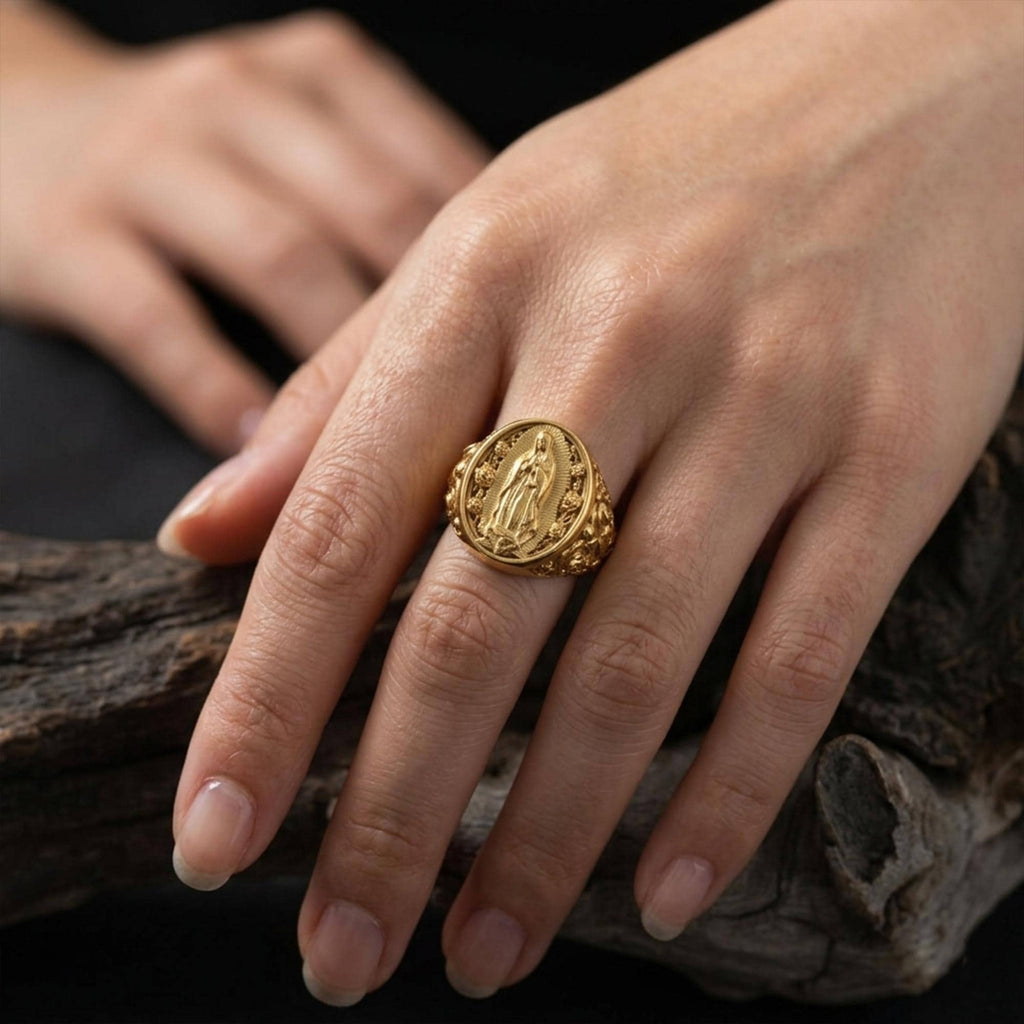 Gold Plated Virgin Mary Signet Ring: Catholic Devotional Faith Jewelry, Religious Ring