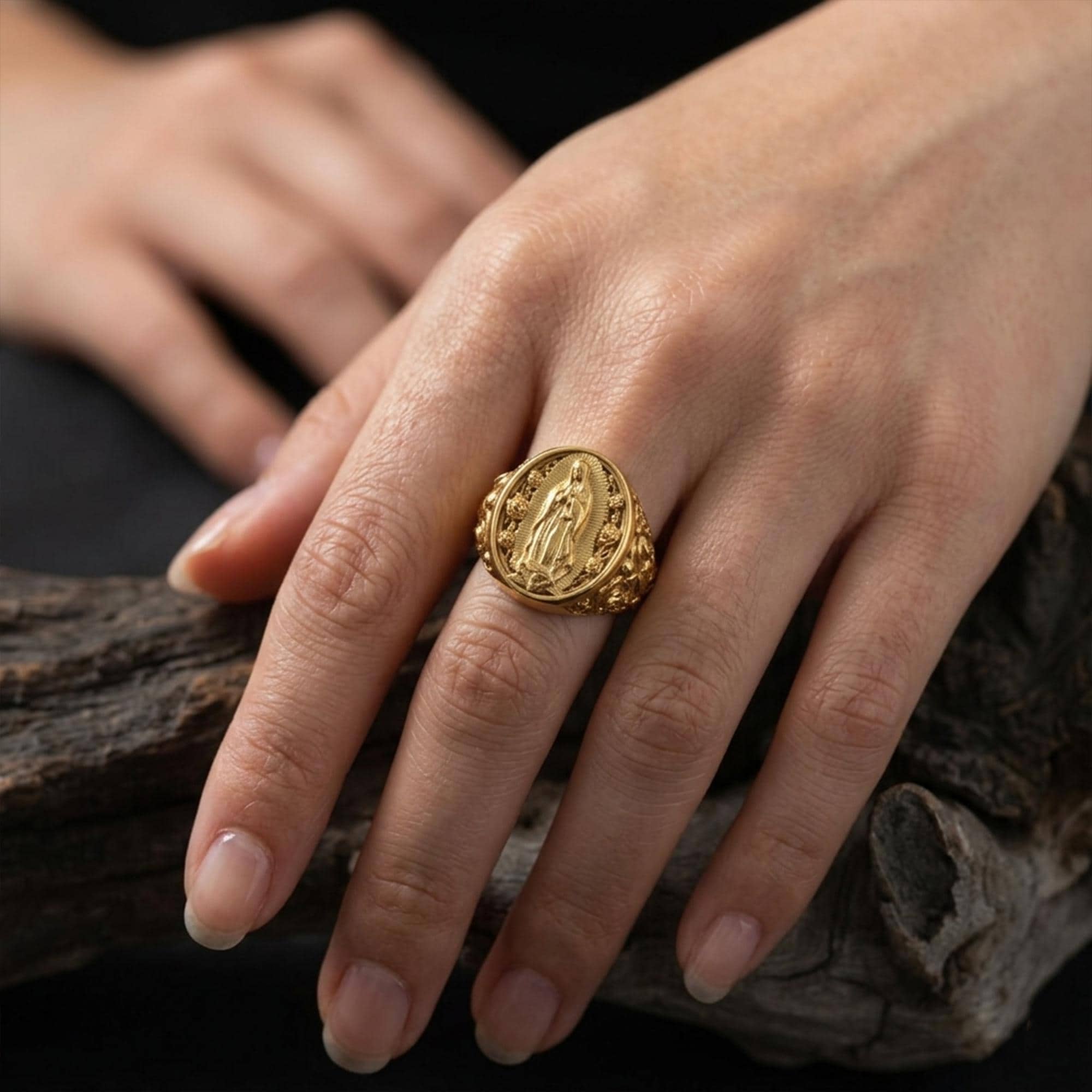 Gold Plated Virgin Mary Signet Ring: Catholic Devotional Faith Jewelry, Religious Ring