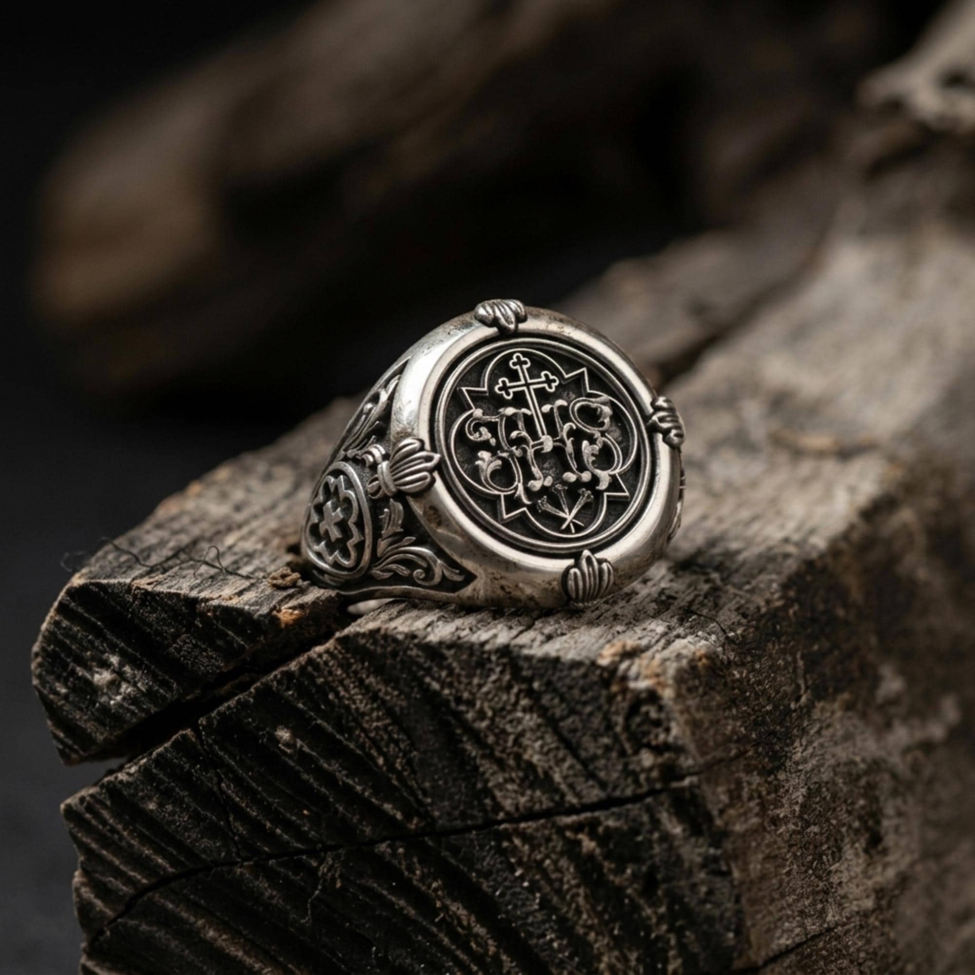 IHS Jesus signet ring, Christian faith inspired jewelry, symbolic religious statement band, and handcrafted meaningful accessory designed for those who are drawn to devotion, spiritual strength, and timeless Christian symbolism. This striking ring features the sacred IHS monogram, one of the most recognized Christograms in Christianity, representing the Holy Name of Jesus.