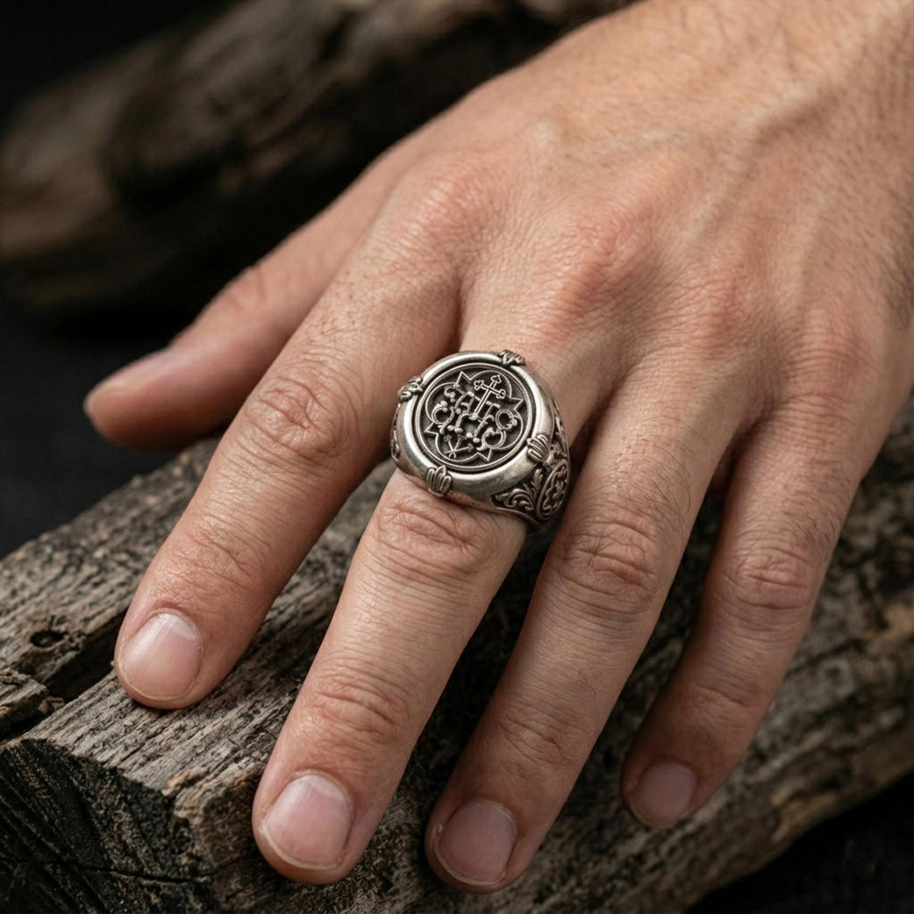 IHS Jesus signet ring, Christian faith inspired jewelry, symbolic religious statement band, and handcrafted meaningful accessory designed for those who are drawn to devotion, spiritual strength, and timeless Christian symbolism. This striking ring features the sacred IHS monogram, one of the most recognized Christograms in Christianity, representing the Holy Name of Jesus.