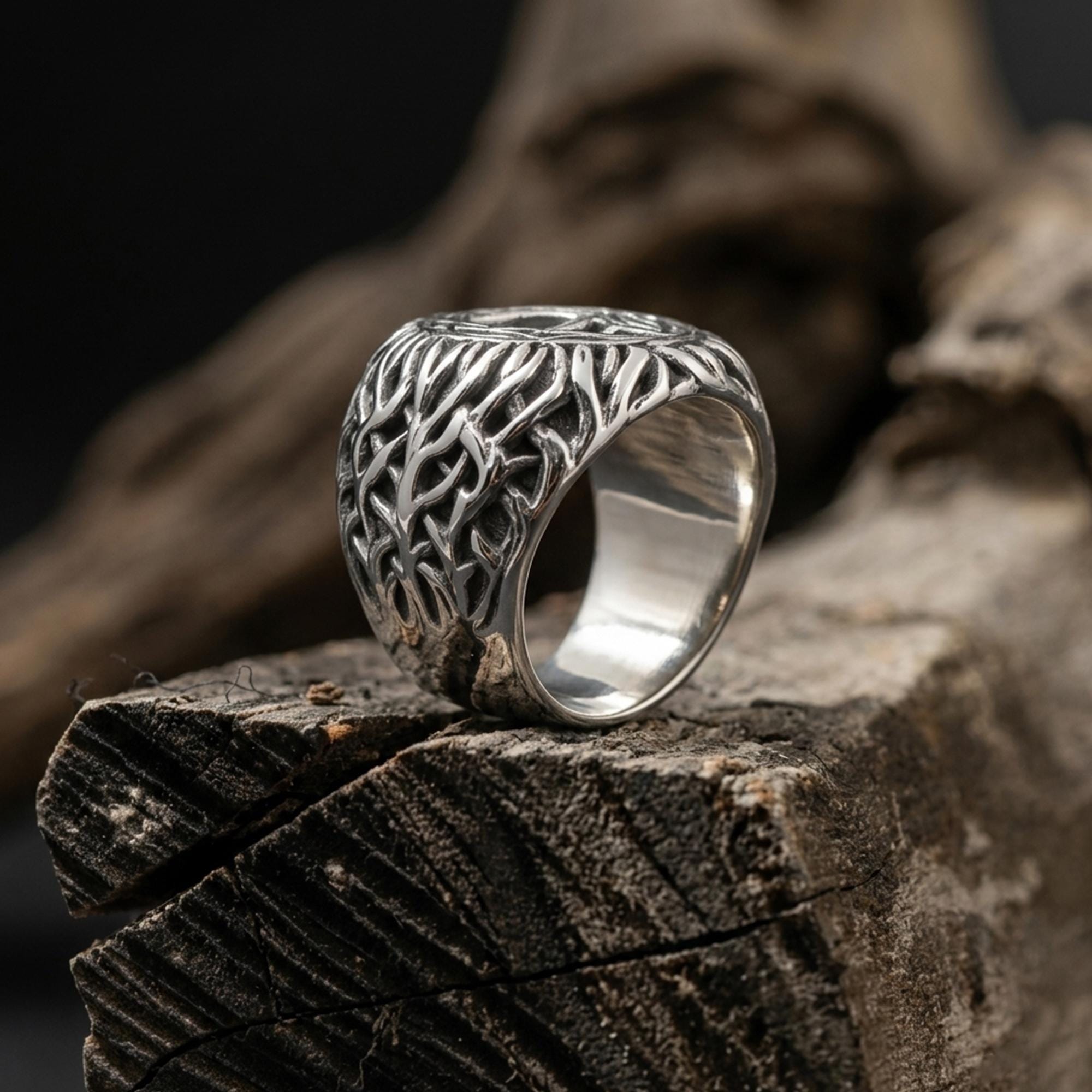 Men's Sterling Silver Tree of Life Signet Ring, Yggdrasil Spiritual Nature Jewelry