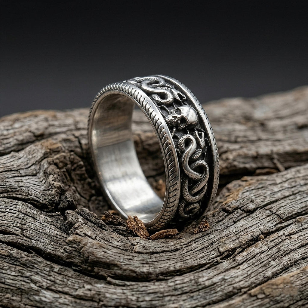 Sterling Silver Snake and Skull Ring, Gothic Band Ring, Unique Engagement Ring, Snake Jewelry, Engraved Skull Band Ring, Punk Jewelry