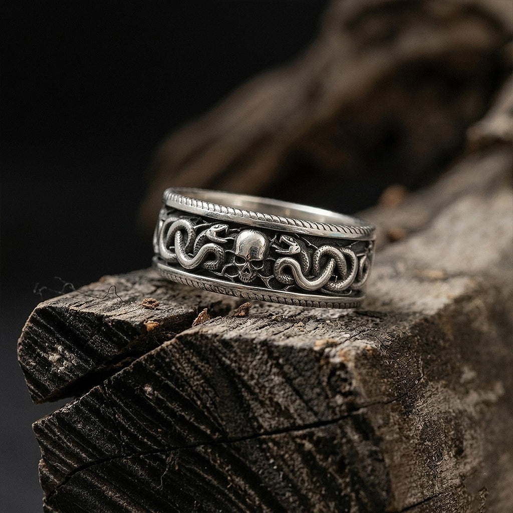 Sterling Silver Snake and Skull Ring, Gothic Band Ring, Unique Engagement Ring, Snake Jewelry, Engraved Skull Band Ring, Punk Jewelry