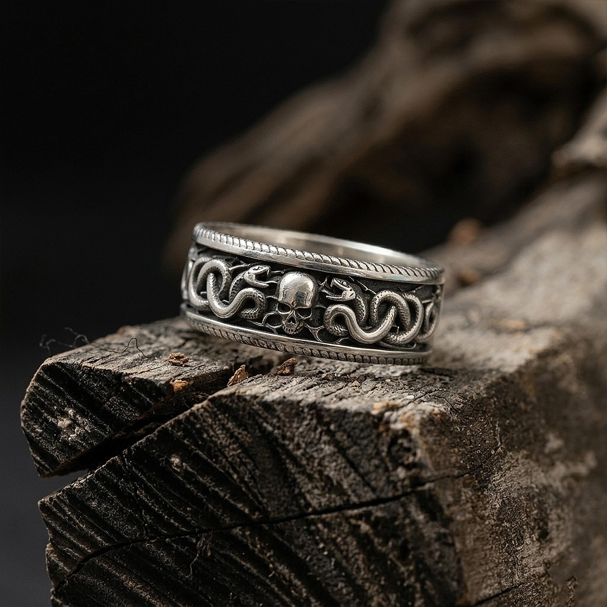 Sterling Silver Snake and Skull Ring, Gothic Band Ring, Unique Engagement Ring, Snake Jewelry, Engraved Skull Band Ring, Punk Jewelry