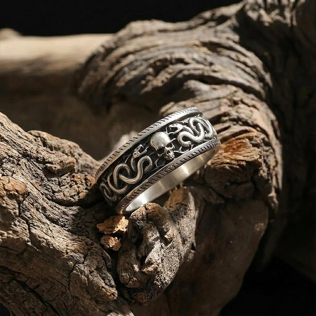 Sterling Silver Snake and Skull Ring, Gothic Band Ring, Unique Engagement Ring, Snake Jewelry, Engraved Skull Band Ring, Punk Jewelry