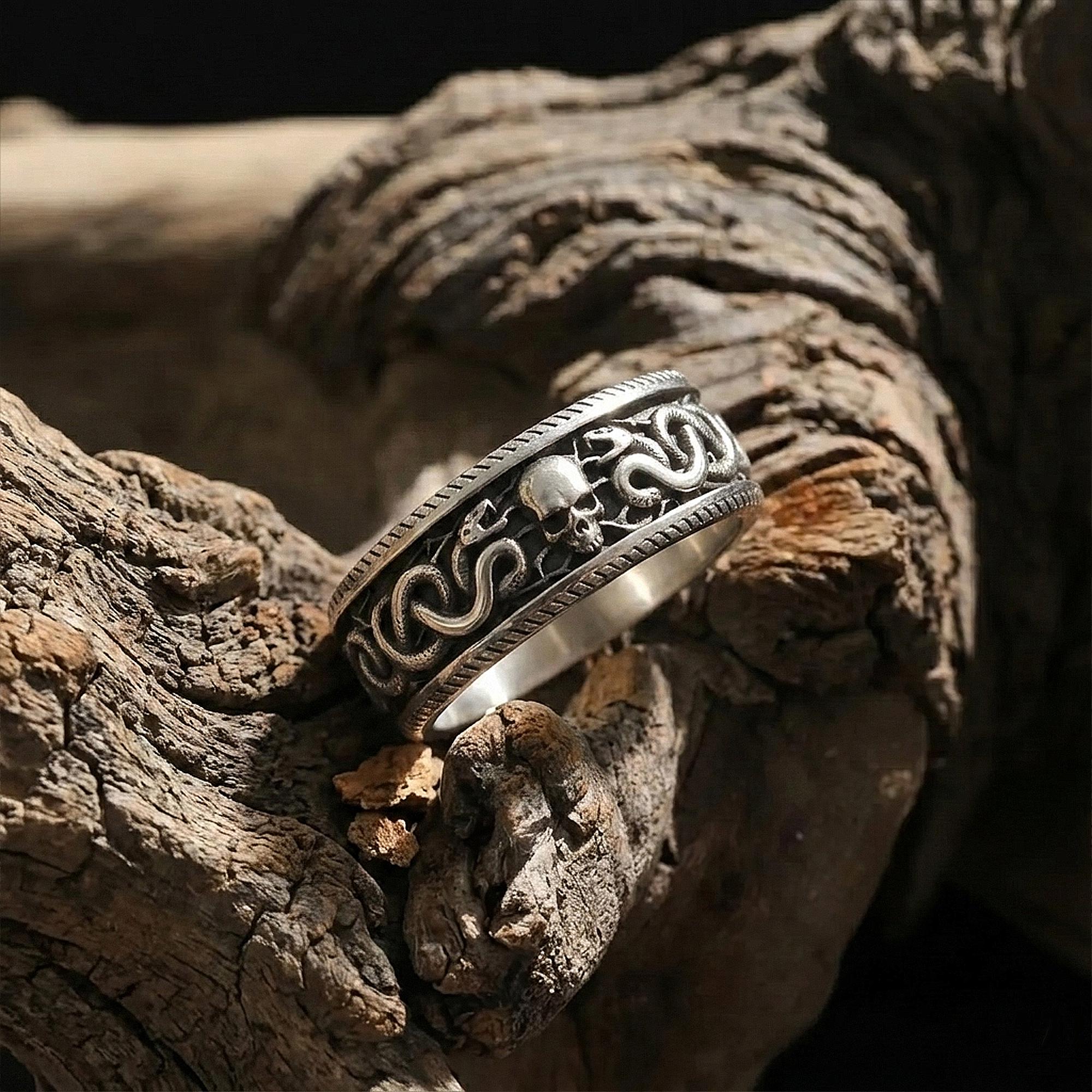 Sterling Silver Snake and Skull Ring, Gothic Band Ring, Unique Engagement Ring, Snake Jewelry, Engraved Skull Band Ring, Punk Jewelry