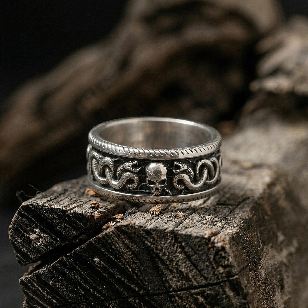 Sterling Silver Snake and Skull Ring, Gothic Band Ring, Unique Engagement Ring, Snake Jewelry, Engraved Skull Band Ring, Punk Jewelry