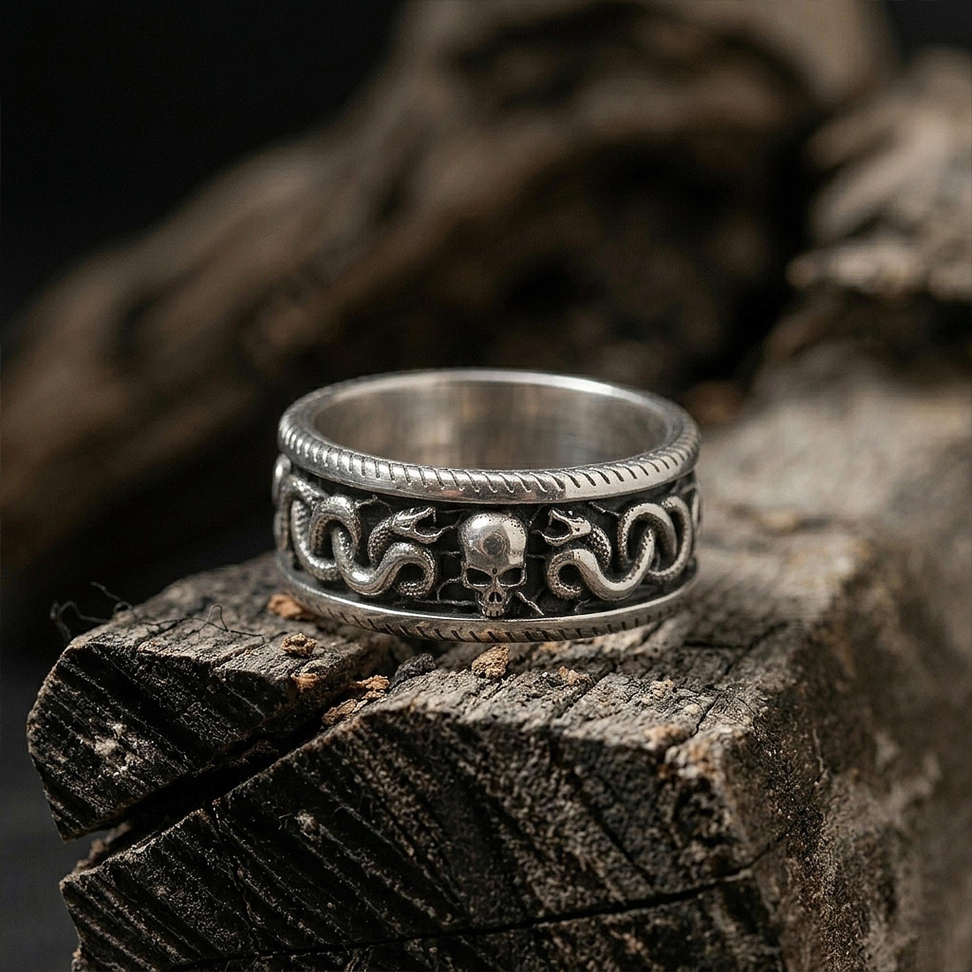 Sterling Silver Snake and Skull Ring, Gothic Band Ring, Unique Engagement Ring, Snake Jewelry, Engraved Skull Band Ring, Punk Jewelry