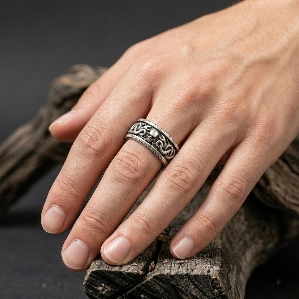 Sterling Silver Snake and Skull Ring, Gothic Band Ring, Unique Engagement Ring, Snake Jewelry, Engraved Skull Band Ring, Punk Jewelry