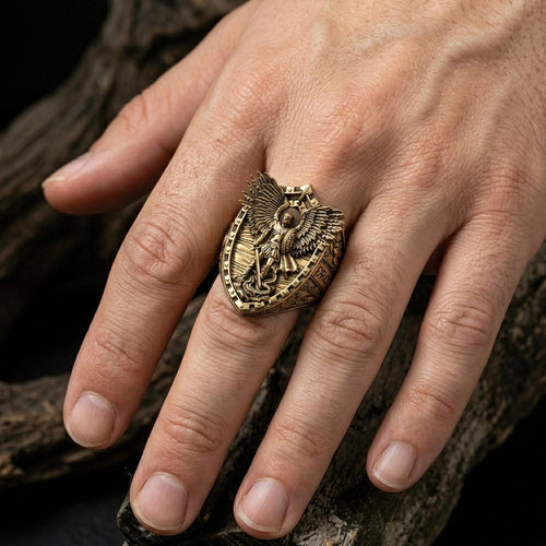 14K Solid Gold Archangel Michael Ring: Saint Protection Christian Jewelry