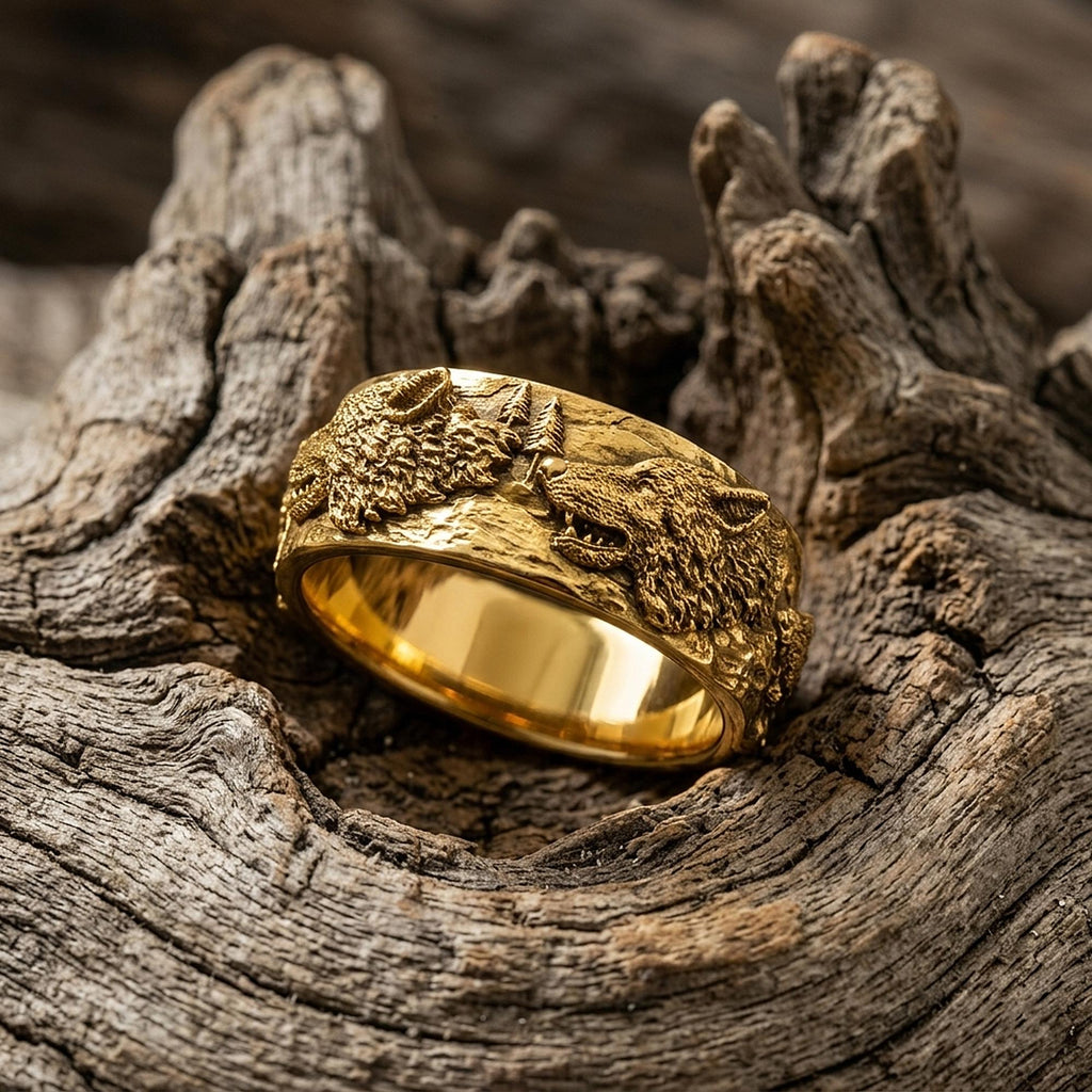 14K Solid Gold Wolf Band Ring for Men: Bold Nature-Inspired Gold Ring, Handmade Wolf Jewelry