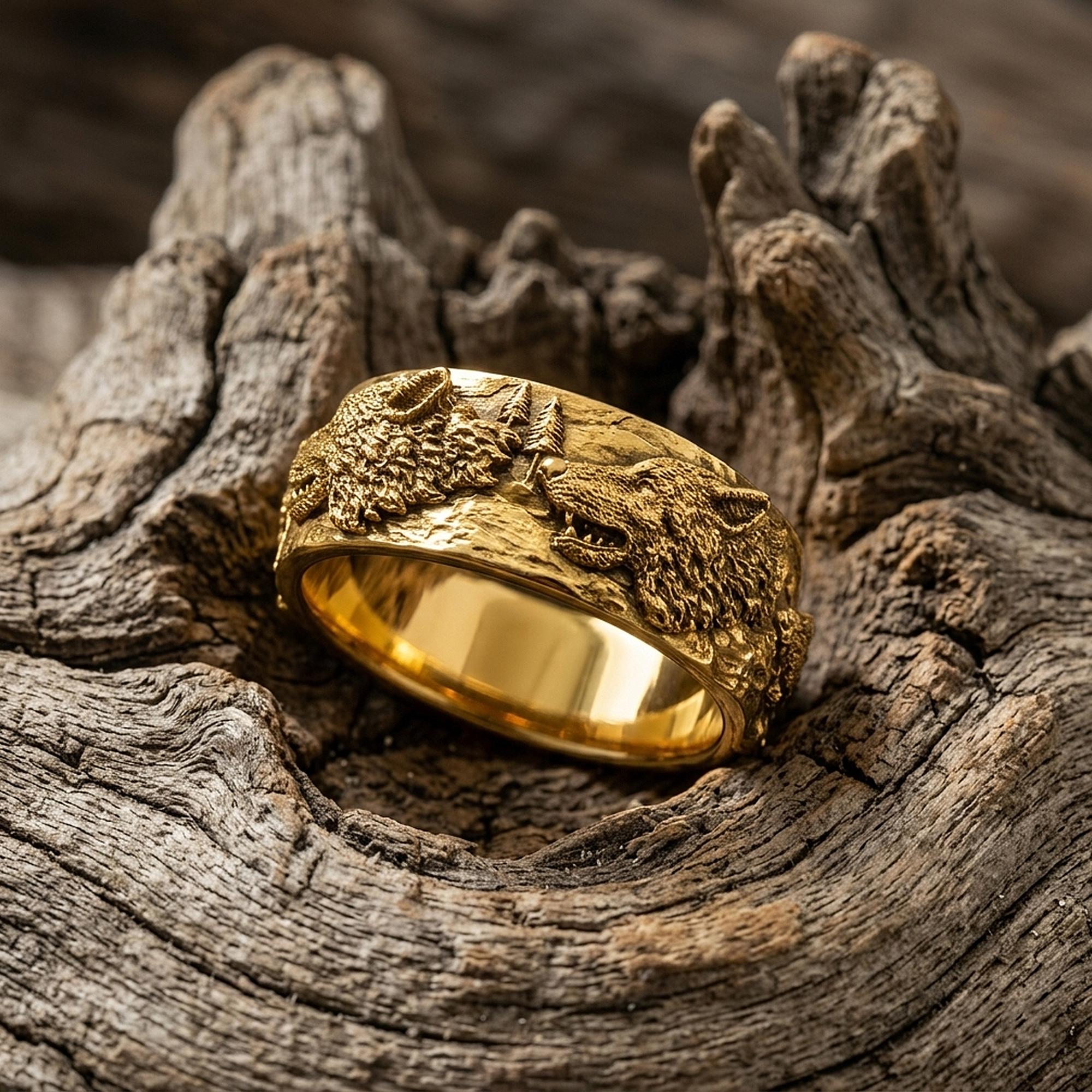 14K Solid Gold Wolf Band Ring for Men: Bold Nature-Inspired Gold Ring, Handmade Wolf Jewelry