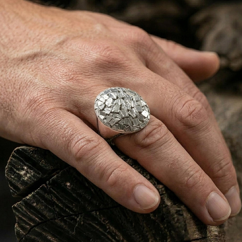 Handmade Chipped Sterling Silver Men's Signet Ring, Geometric Design