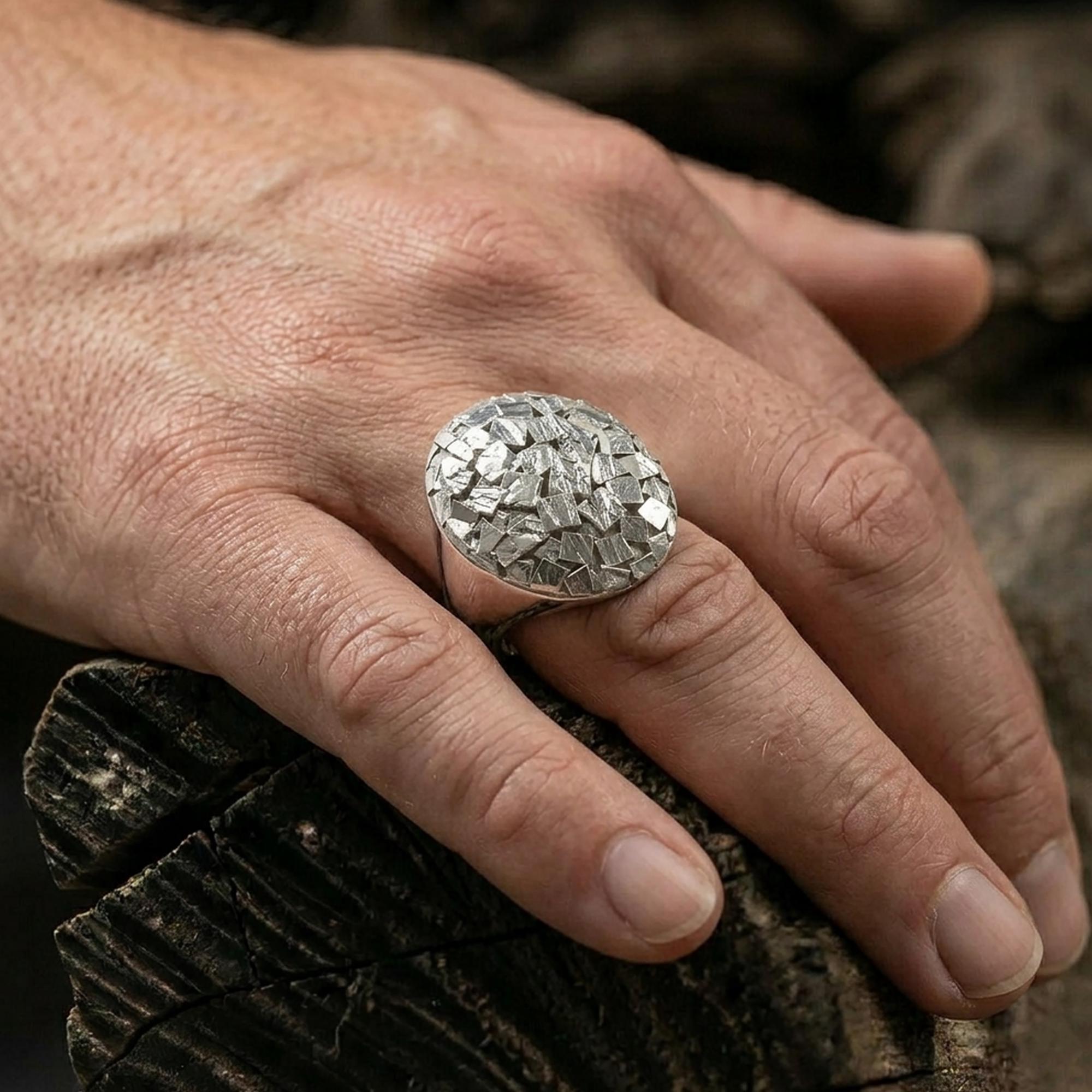 Handmade Chipped Sterling Silver Men's Signet Ring, Geometric Design