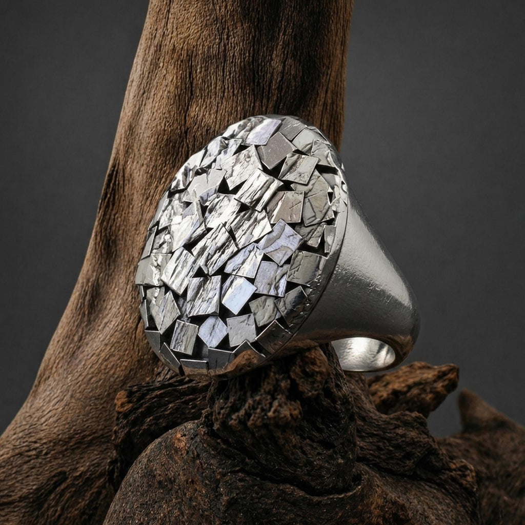 Handmade Chipped Sterling Silver Men's Signet Ring, Geometric Design