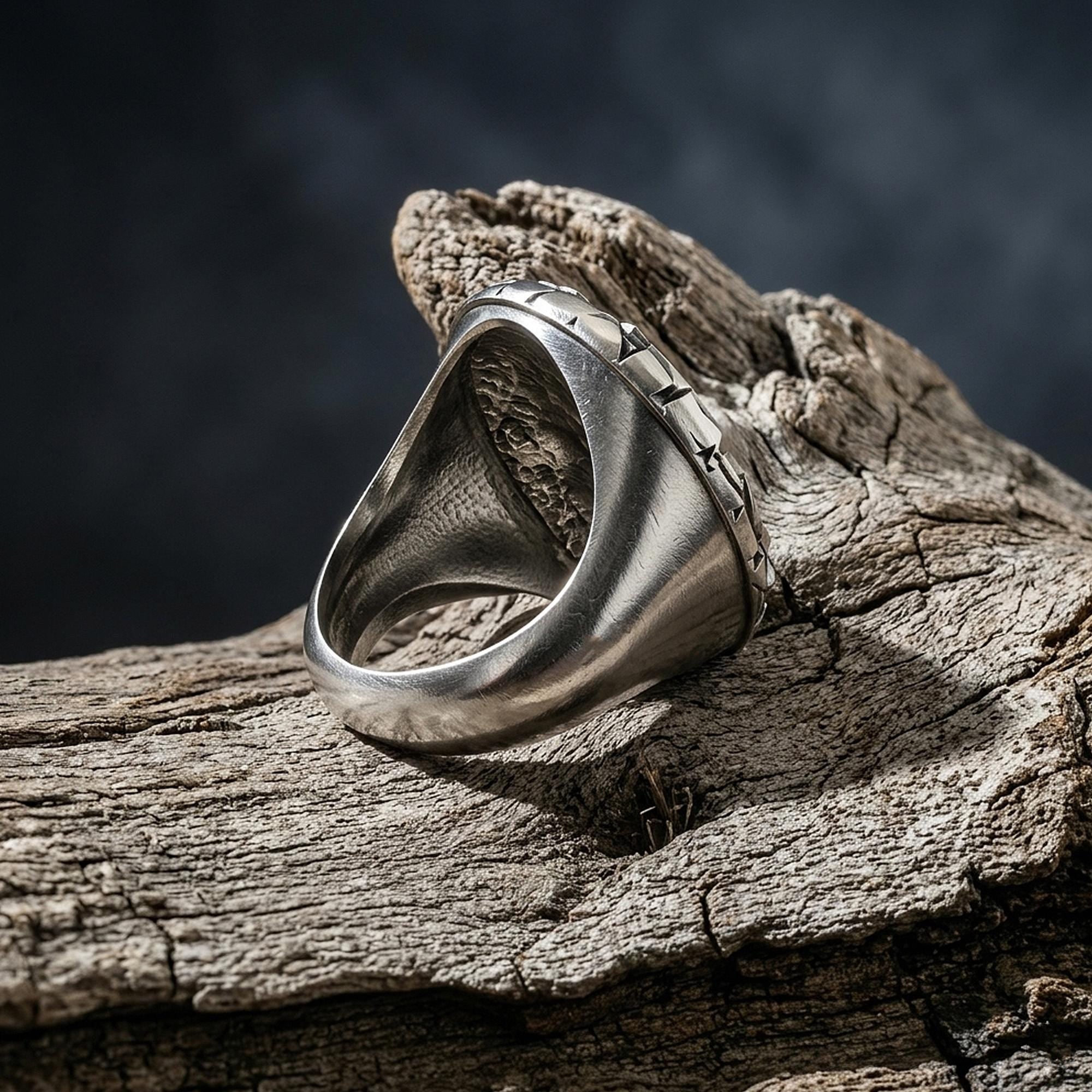 Handmade Chipped Sterling Silver Men's Signet Ring, Geometric Design