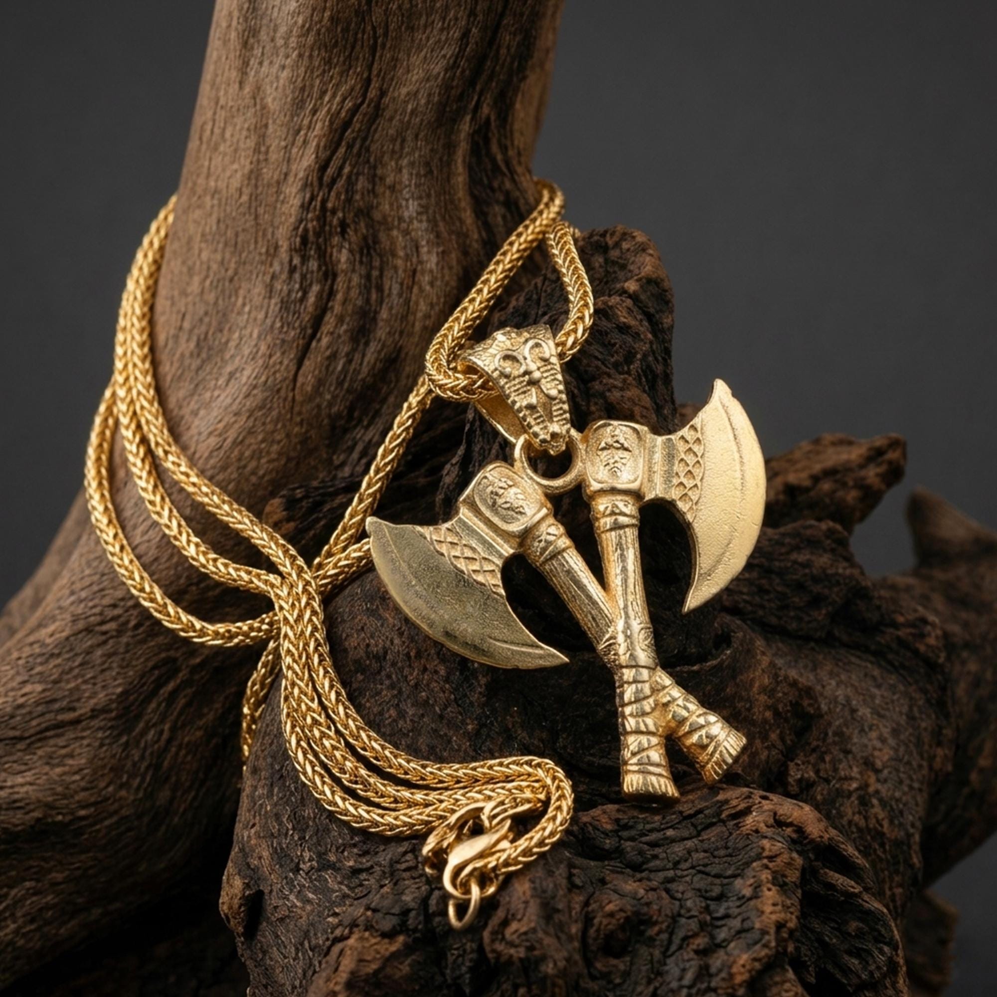 Gold Viking Double Axe Pendant, Norse Sterling Silver Necklace