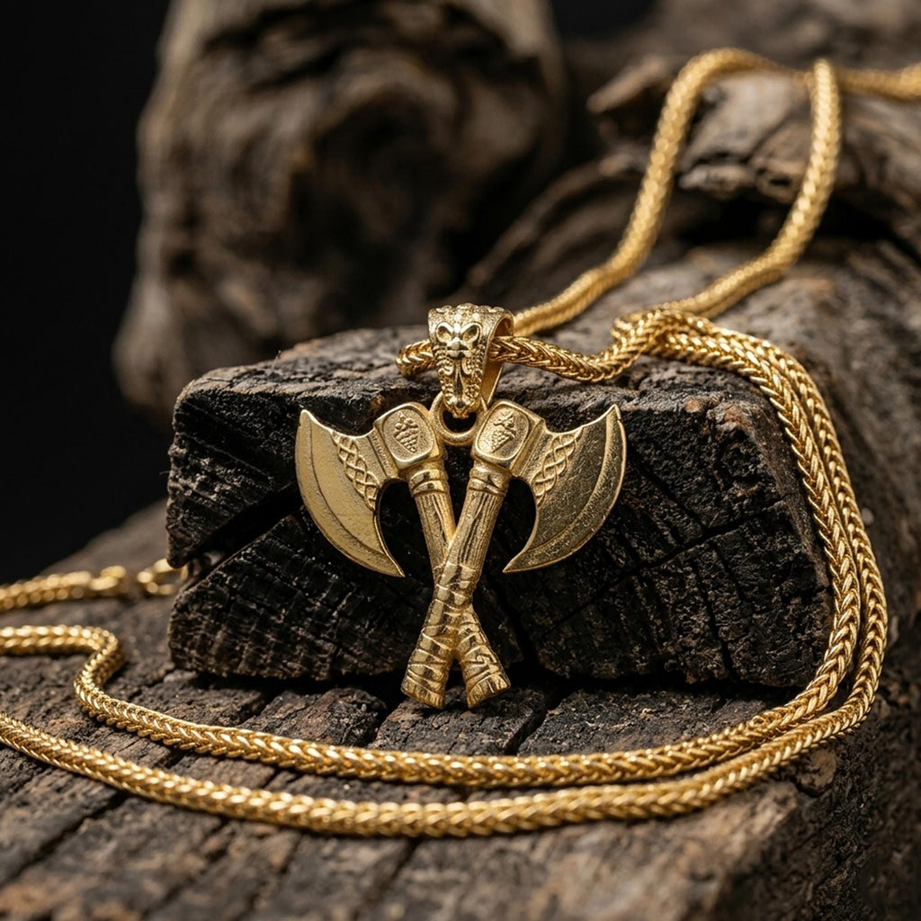 Gold Viking Double Axe Pendant, Norse Sterling Silver Necklace