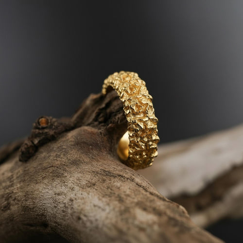 14K Solid Gold Textured Wide Band Ring: Minimalist Gold Ring, Thick Gold Ring, Asymmetric Wedding Band