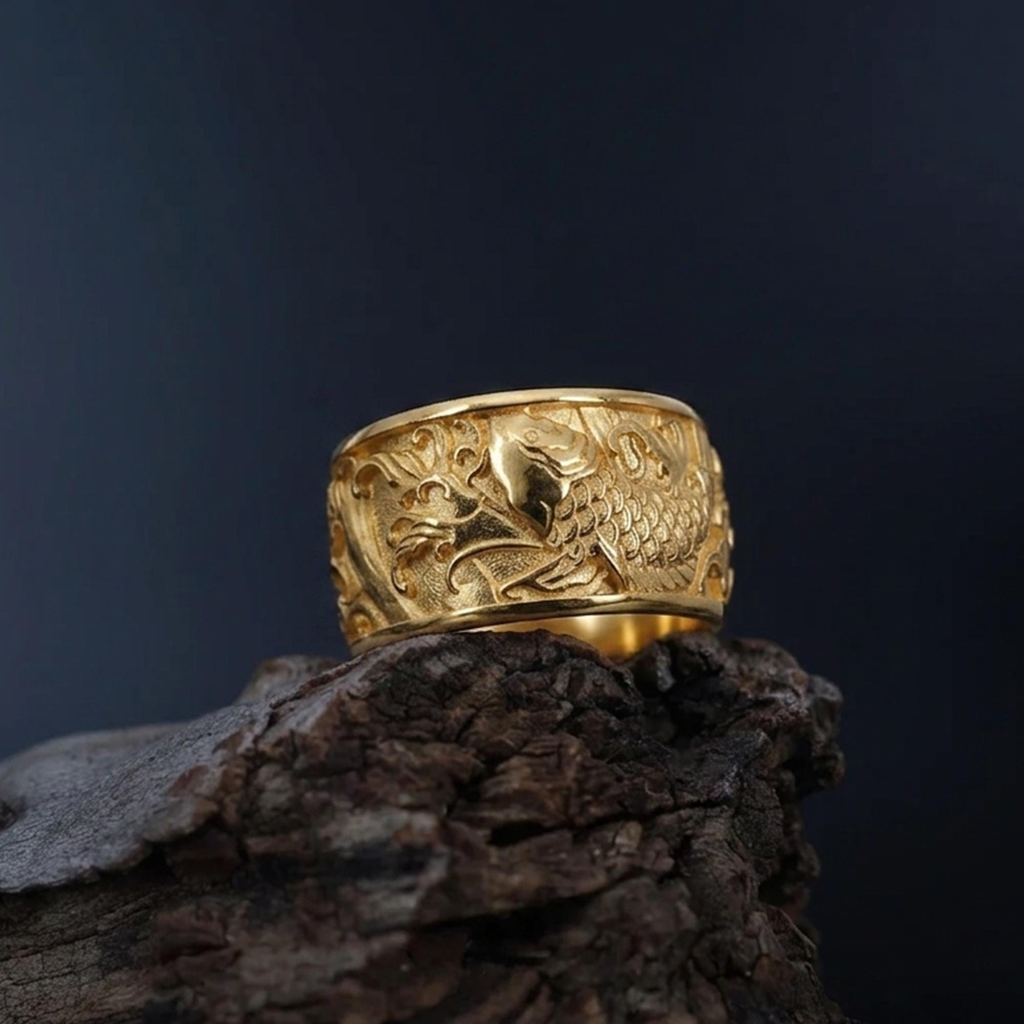 Handmade 925 Sterling Silver Koi Fish Band Ring: Japanese Statement Jewelry