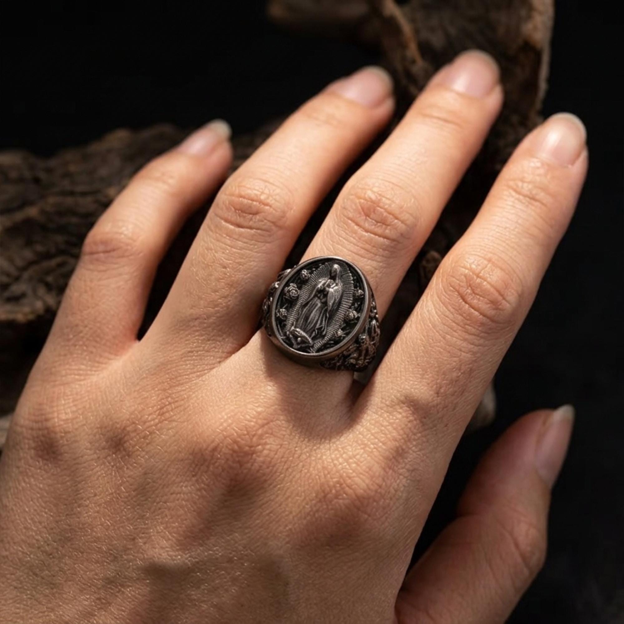 Gold Plated Virgin Mary Signet Ring: Catholic Devotional Faith Jewelry, Religious Ring
