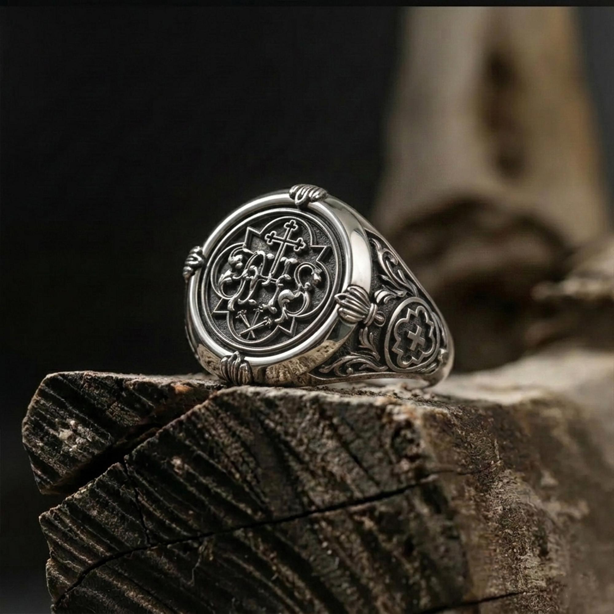 IHS Jesus signet ring, Christian faith inspired jewelry, symbolic religious statement band, and handcrafted meaningful accessory designed for those who are drawn to devotion, spiritual strength, and timeless Christian symbolism. This striking ring features the sacred IHS monogram, one of the most recognized Christograms in Christianity, representing the Holy Name of Jesus.