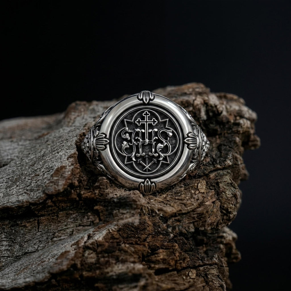 IHS Jesus signet ring, Christian faith inspired jewelry, symbolic religious statement band, and handcrafted meaningful accessory designed for those who are drawn to devotion, spiritual strength, and timeless Christian symbolism. This striking ring features the sacred IHS monogram, one of the most recognized Christograms in Christianity, representing the Holy Name of Jesus.