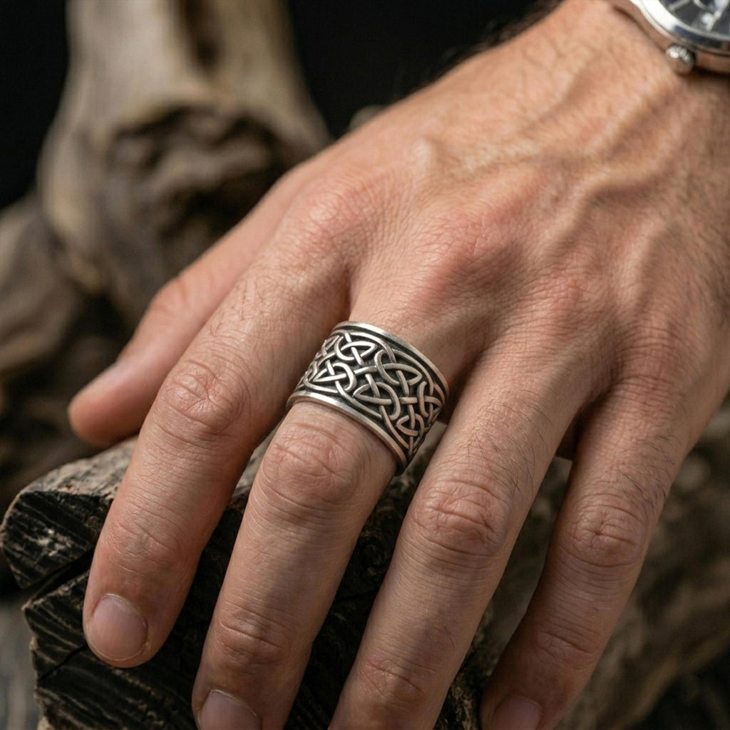 Celtic Knot Wide Band Ring: 925 Sterling Silver Men’s Handmade Wedding Style Statement Jewelry